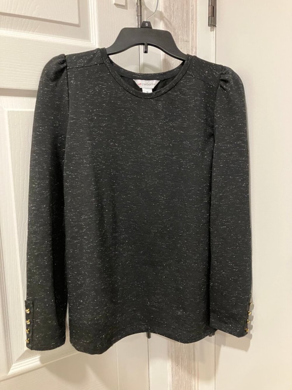 LIZ CLAIBORNE BLACK SPARKLE SWEATER CRYSTAL BUTTON TRIM SIZE MEDIUM
